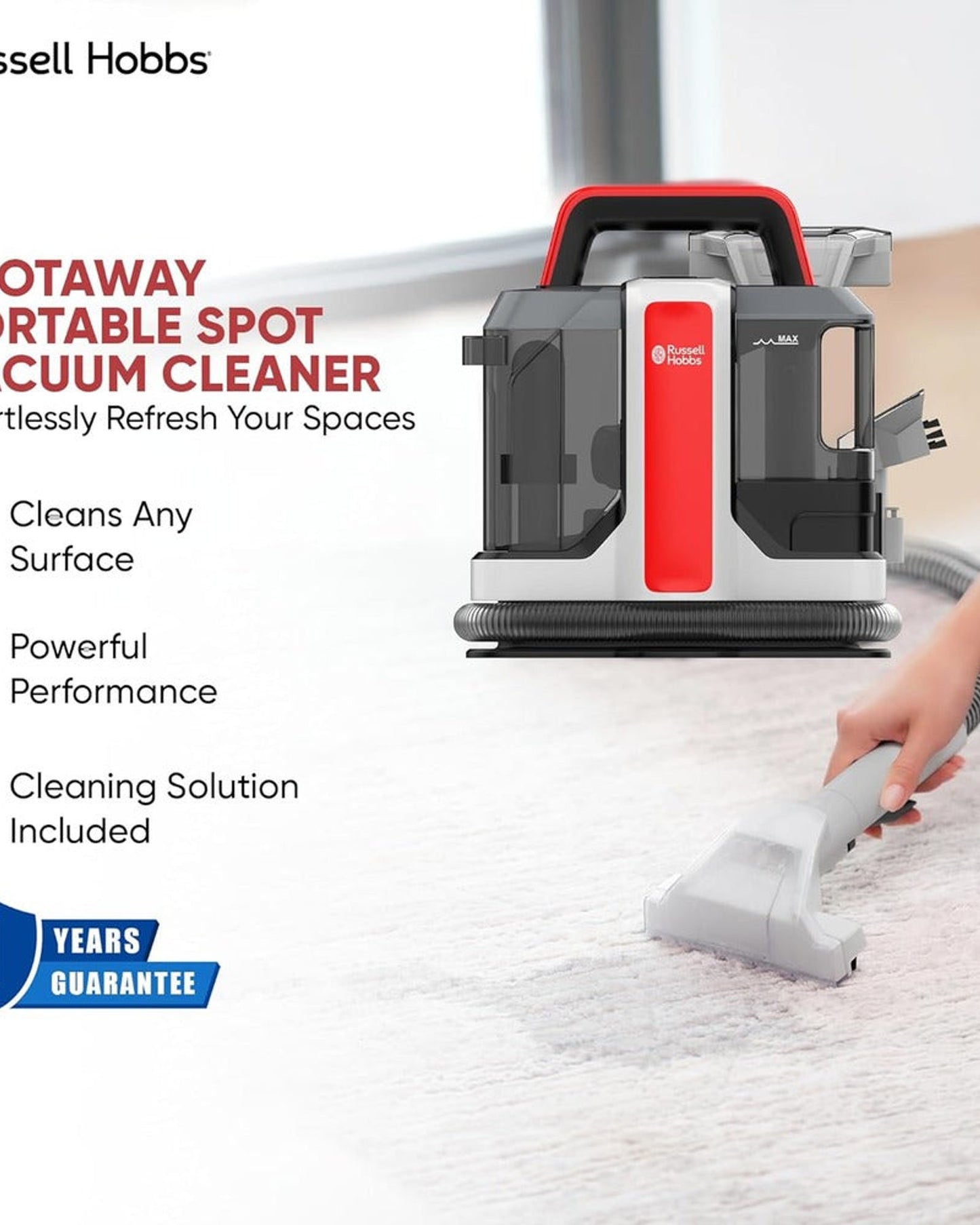 مكنسة كهربائية سبوت أواي W05 من راسل هوبز مزودة بفوهة تنظيف ذاتية، وإزالة البقع الرطبة والجافة، وخزان مياه سعة 800 مل وماء نظيف سعة 1080 مل مع أداة تنجيد بفرشاة ناعمة