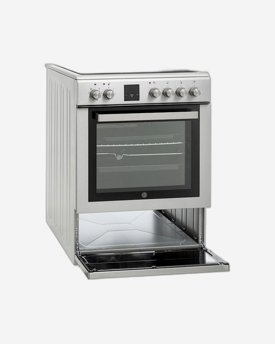 طباخ هوفر الكهربائي/السيراميكي القائم بذاته، 60×60 سم، فرن كهربائي سعة 65 لتر، باب زجاجي مزدوج، مع قفل أمان للأطفال، صنع في تركيا، ضمان لمدة عام، مطلي بالفولاذ المقاوم للصدأ - HVC-V64E-SP