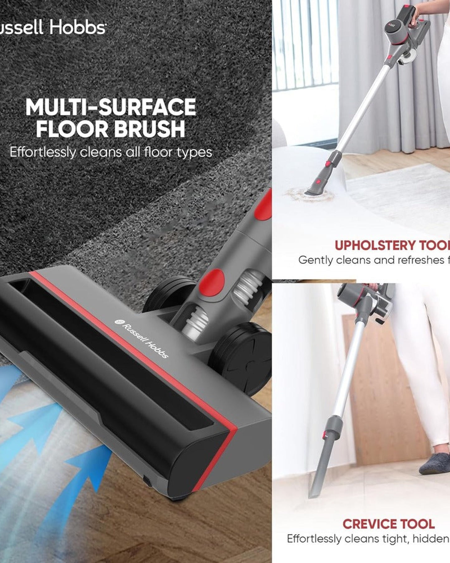 مكنسة راسل هوبز سبيدستر V05 اللاسلكية، مزودة بفلتر هواء عالي الكفاءة (HEPA)، وتفريغ بلمسة واحدة، ومساحة تخزين على الحائط مع فرشاة أرضية آلية، وفوهة تنظيف الشقوق، وأداة تنظيف التنجيد - سعة غبار 0.9 لتر