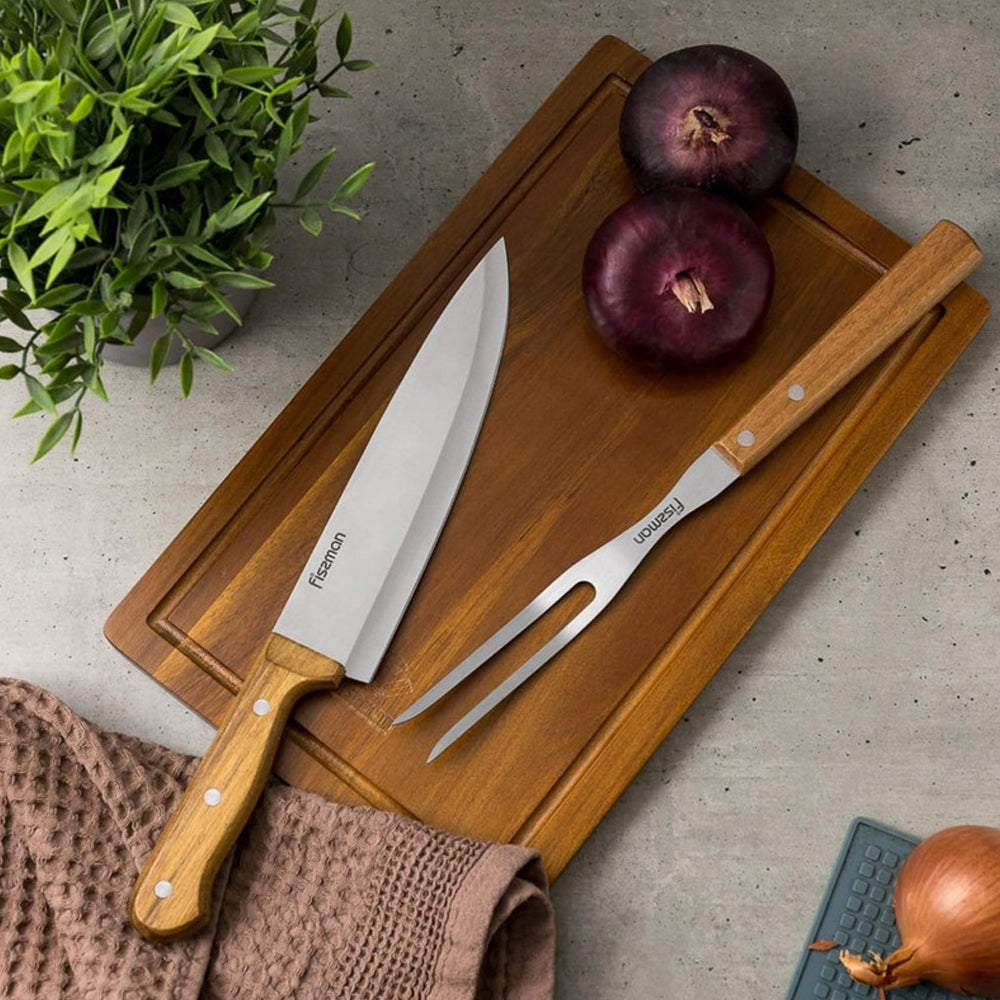 مجموعة أدوات الشواء من فيسمان، 3 قطع، لوح تقطيع من خشب الأكاسيا من الفولاذ المقاوم للصدأ، سكين طاهٍ 8 بوصات، شوكة لتقطيع اللحوم