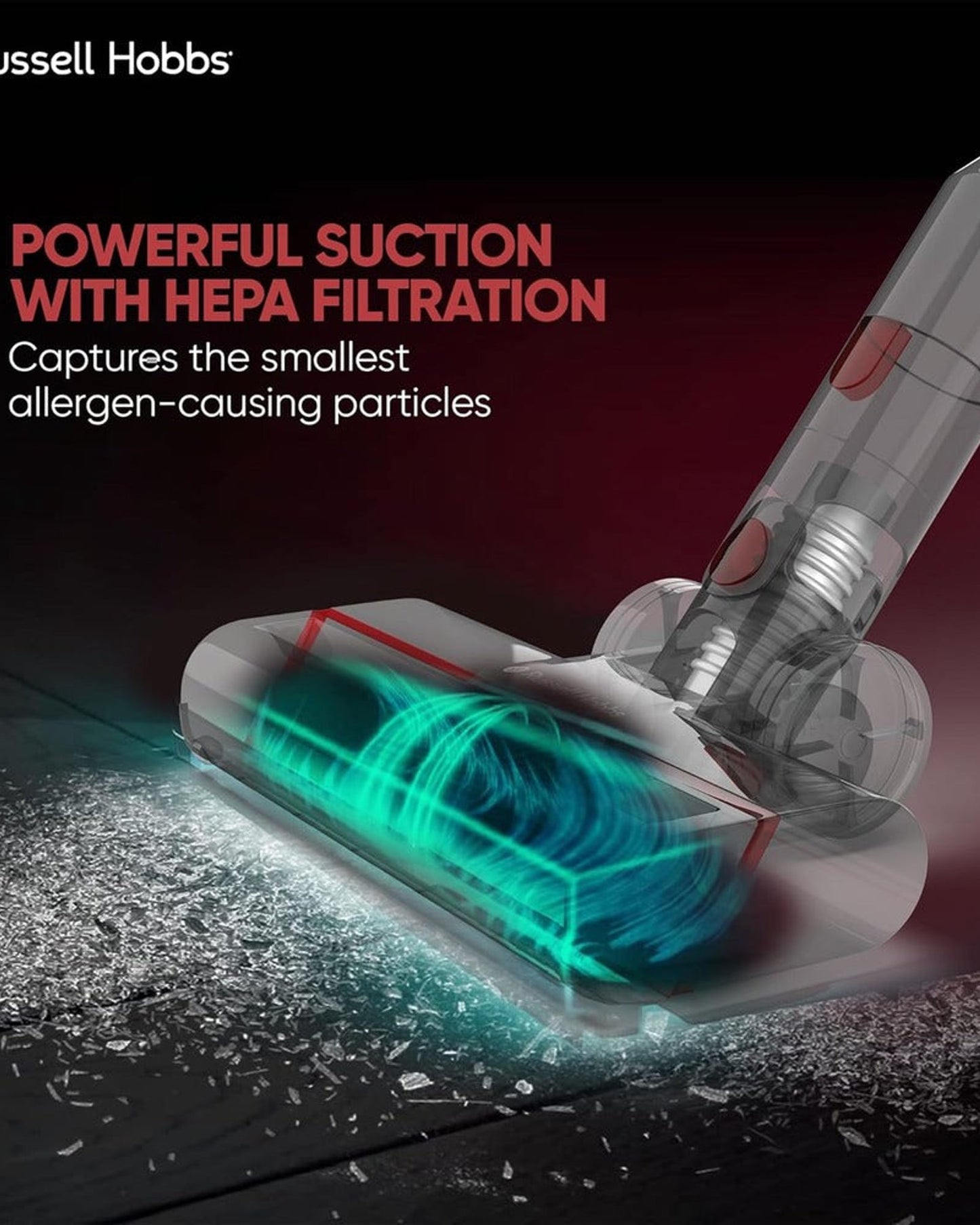 مكنسة راسل هوبز سبيدستر V05 اللاسلكية، مزودة بفلتر هواء عالي الكفاءة (HEPA)، وتفريغ بلمسة واحدة، ومساحة تخزين على الحائط مع فرشاة أرضية آلية، وفوهة تنظيف الشقوق، وأداة تنظيف التنجيد - سعة غبار 0.9 لتر