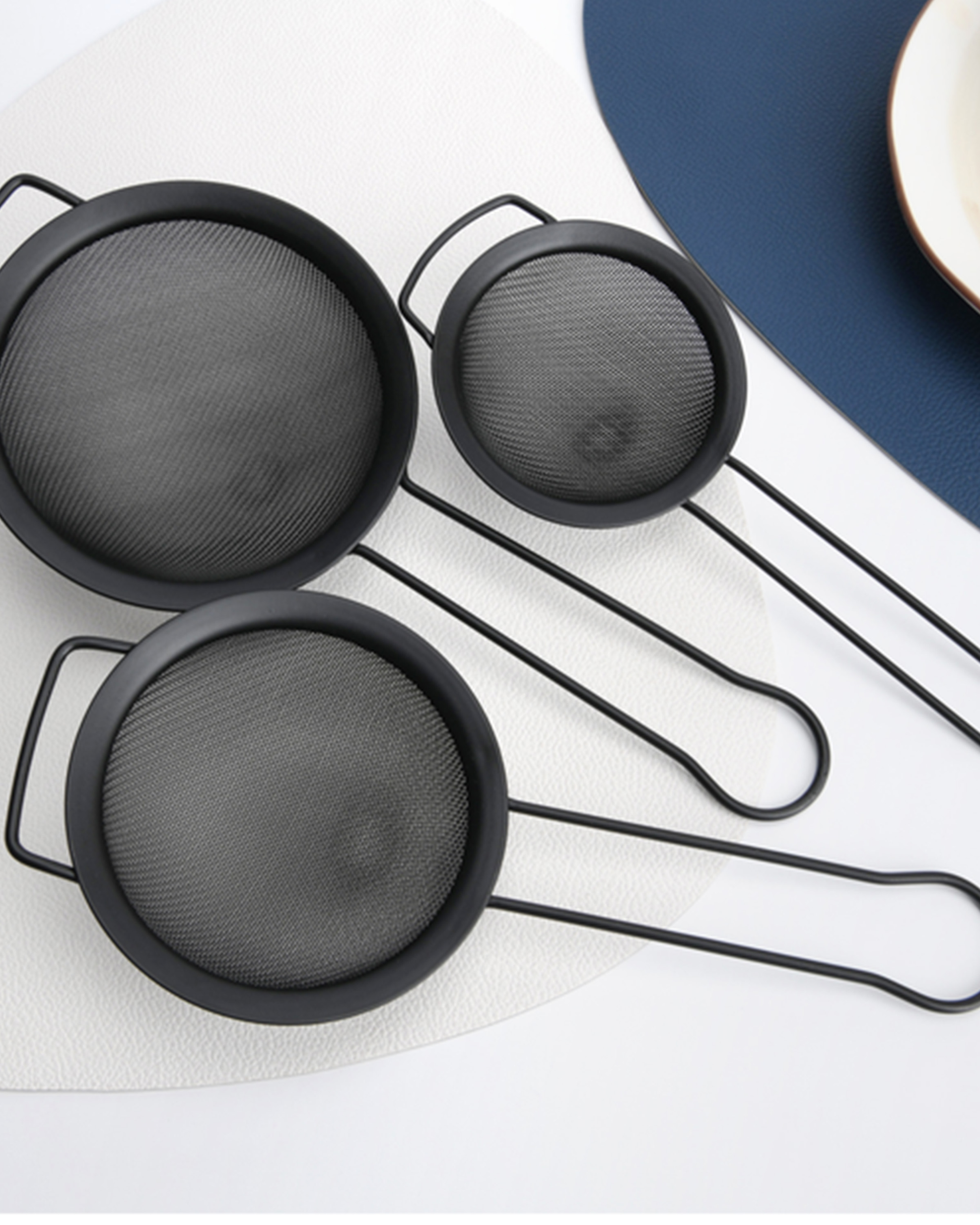 Fissman 3-Piece Fine Mesh Black Strainer with Hanging Loop Set, 10cm, 12cm, and 14cm