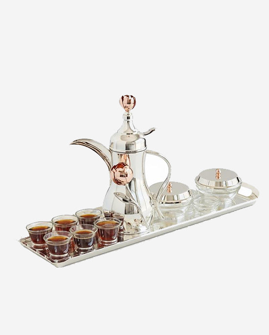 Pantazelos Arabic Coffee Set (Tray+Dallah Thermos With2glasses+Peony Knob & 6 Glasses)