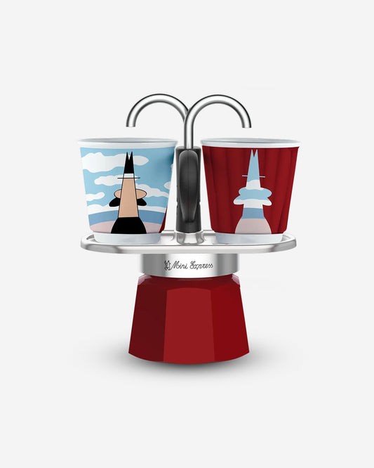 Bialetti Mini Express Red “Magritte Edition” Set – 2-Cup Mini Moka with 2 Handleless Cups