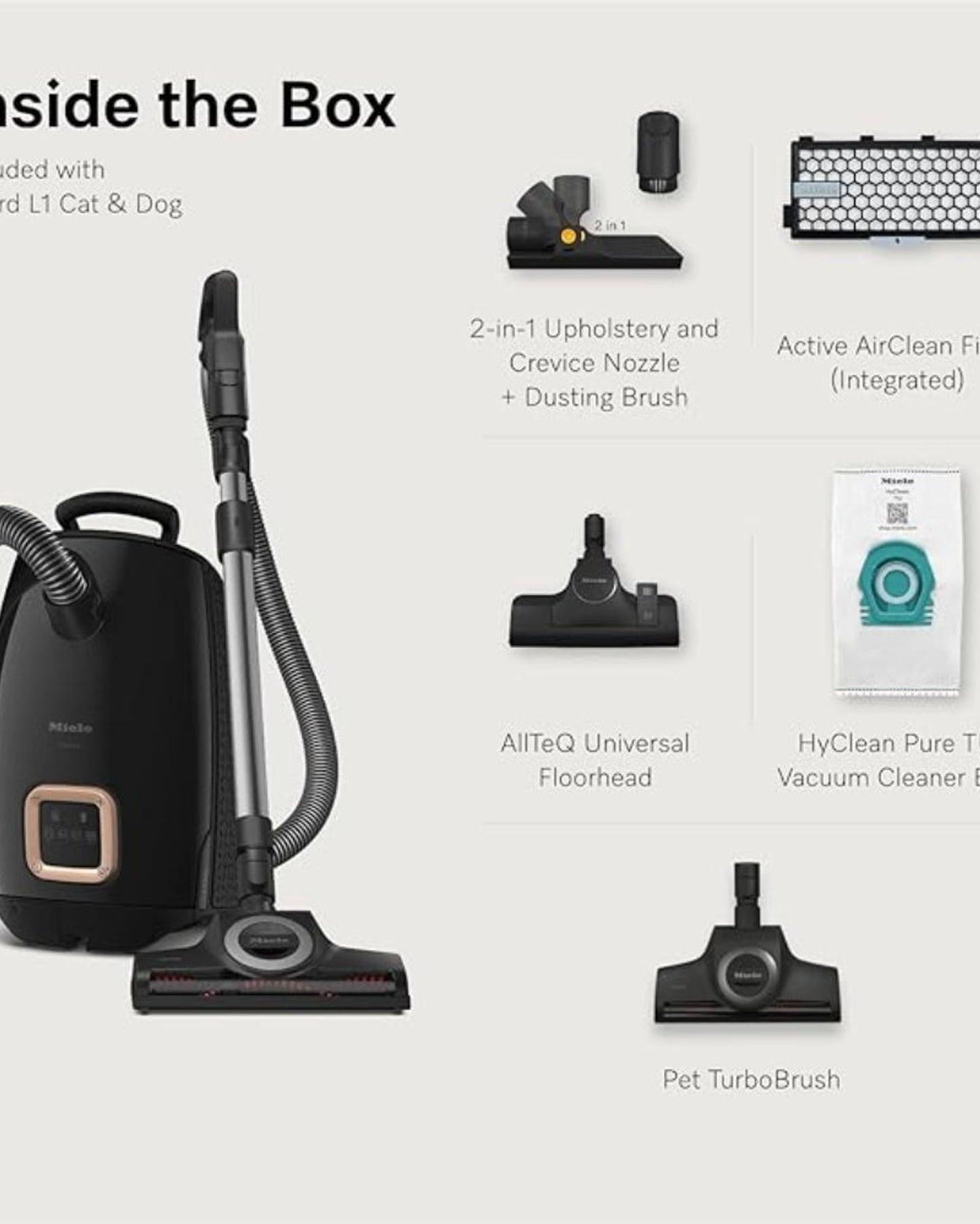 مكنسة كهربائية أسطوانية Miele Guard L1 للقطط والكلاب مزودة بفلتر AirClean النشط لتقليل الروائح، ورأسي أرضيتين TurboTeQ وAllTeQ، وشاشة LED، باللون الأسود البركاني
