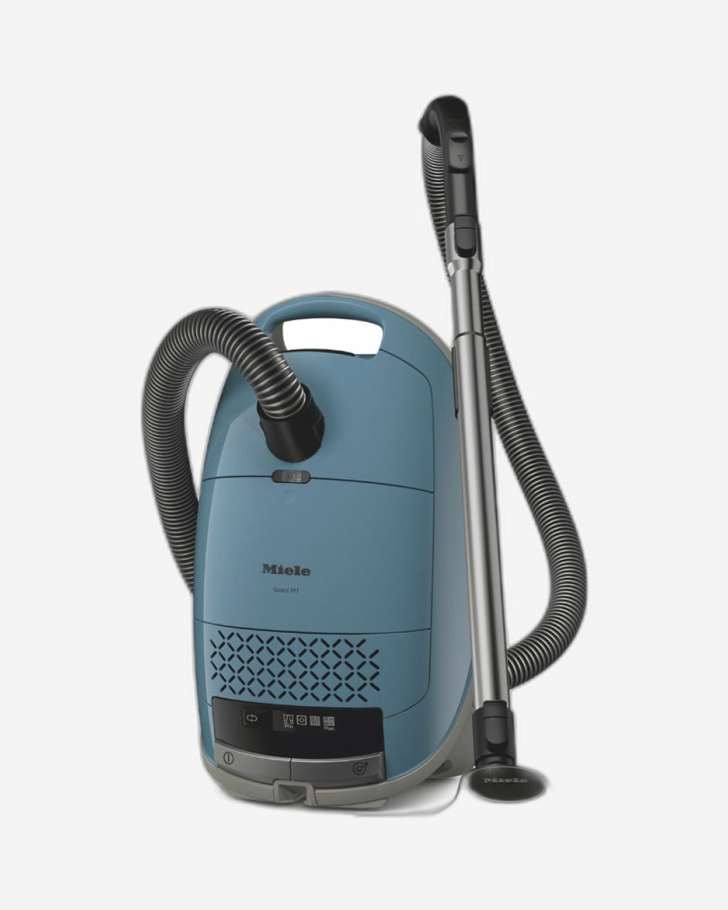 مكنسة كهربائية أسطوانية من ميلي، طراز Guard M1 Flex، مزودة بكيس وفلتر لتنقية الهواء، مع رأس تنظيف أرضي شامل من نوع AllTeQ وأداة مرنة للشقوق، وشاشة عرض LED، باللون الأزرق الشمالي