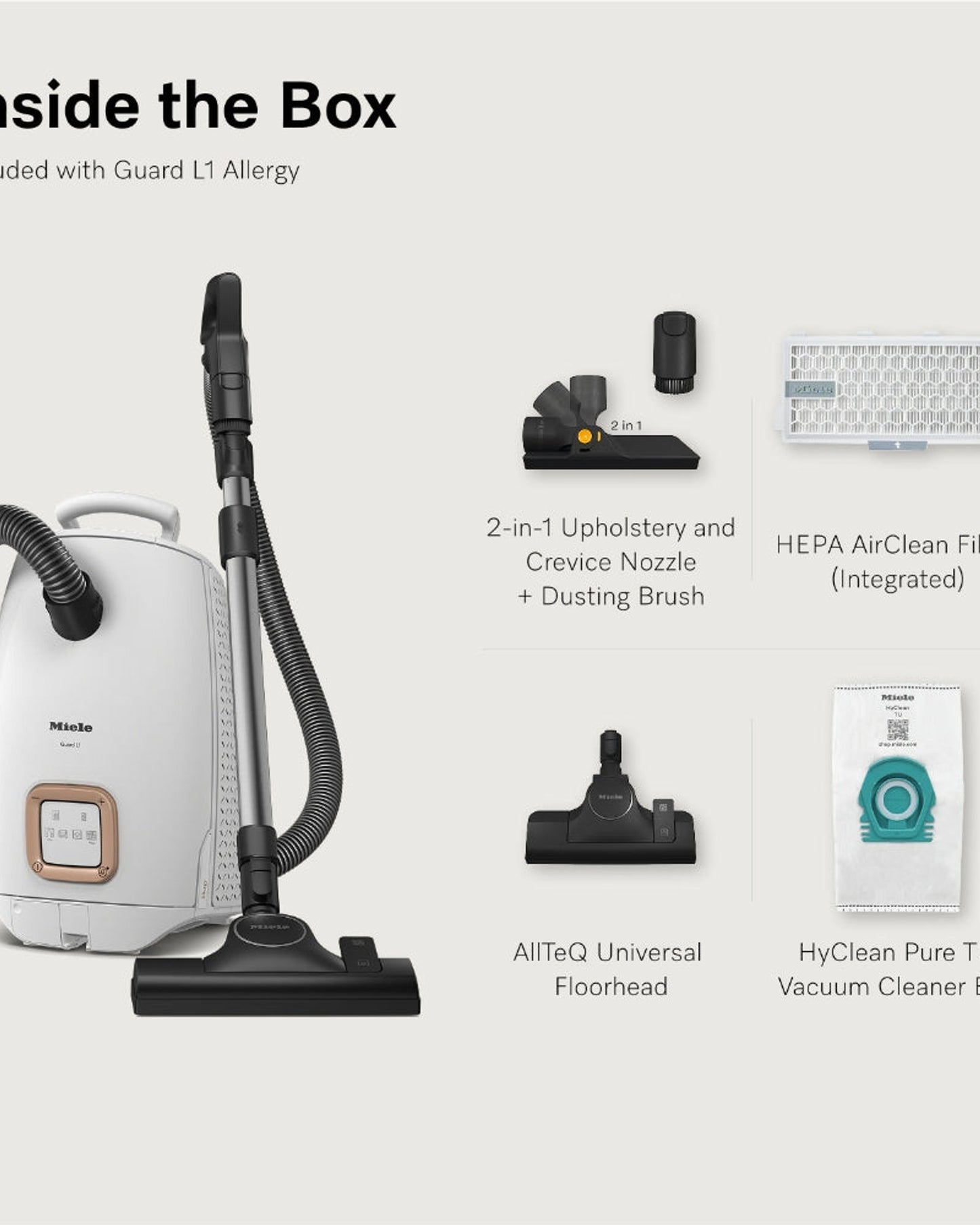 مكنسة كهربائية أسطوانية مزودة بكيس مضاد للحساسية من Miele Guard L1 مع مقبض تحكم مريح، وفلتر هواء HEPA AirClean، ورأس تنظيف أرضي عالمي من AllTeQ، ولوحة عرض LED، باللون الأبيض اللامع