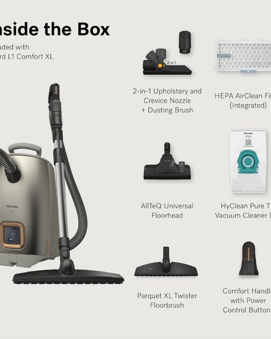 مكنسة كهربائية أسطوانية مزودة بكيس من Miele Guard L1 Comfort XL بمقبض مريح، ورؤوس أرضية AllTeQ وParquet Twister XL، وشاشة LCD، بلون لؤلؤي من التيتانيوم