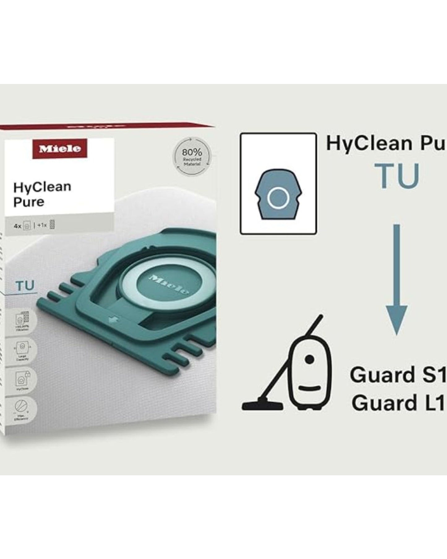 أكياس غبار Miele HyClean Pure TU للمكنسة الكهربائية لجميع طرازات Miele Guard L1 وGuard S1، عبوة من 4 أكياس غبار وفلتر عادم AirClean واحد
