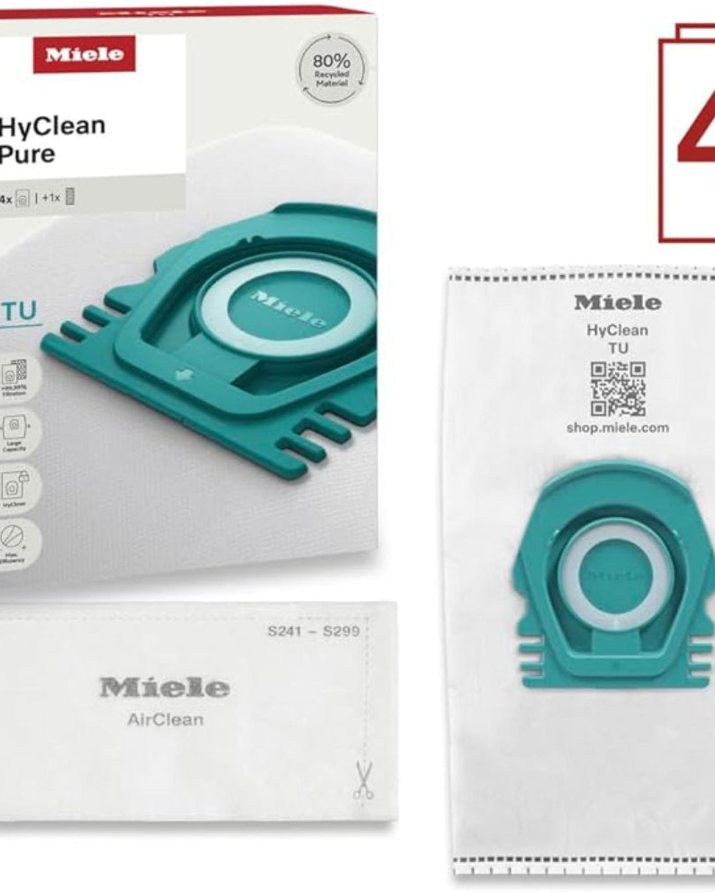 أكياس غبار Miele HyClean Pure TU للمكنسة الكهربائية لجميع طرازات Miele Guard L1 وGuard S1، عبوة من 4 أكياس غبار وفلتر عادم AirClean واحد