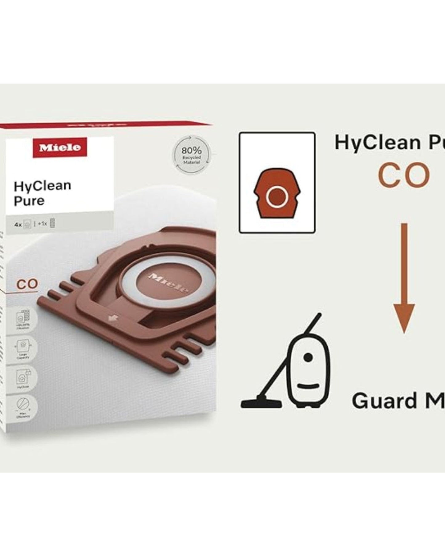 أكياس غبار Miele HyClean Pure CO للمكنسة الكهربائية لجميع طرازات Miele Guard M1، عبوة من 4 أكياس غبار وفلتر عادم AirClean واحد