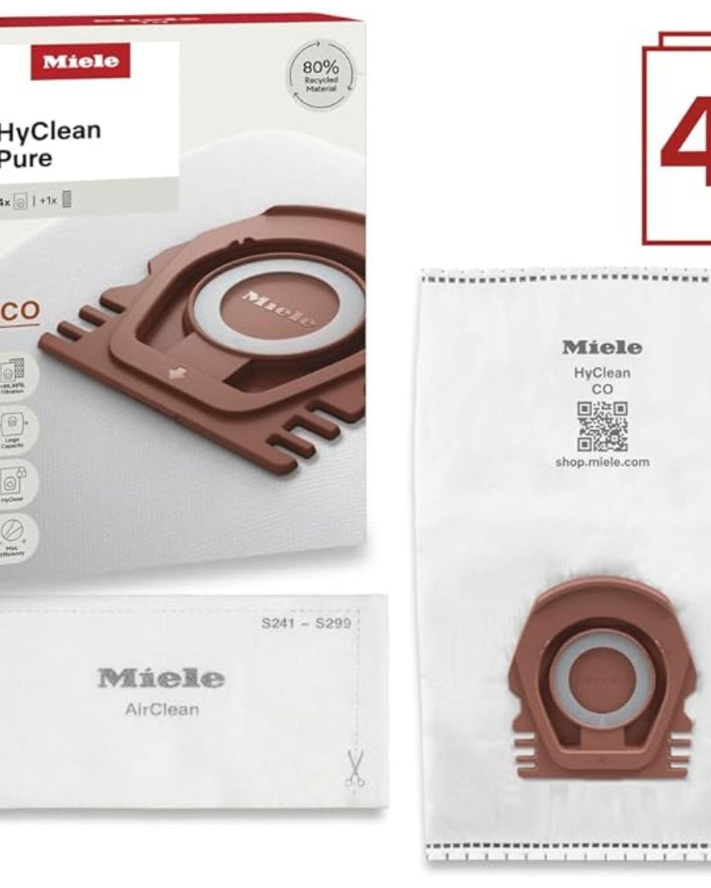 أكياس غبار Miele HyClean Pure CO للمكنسة الكهربائية لجميع طرازات Miele Guard M1، عبوة من 4 أكياس غبار وفلتر عادم AirClean واحد