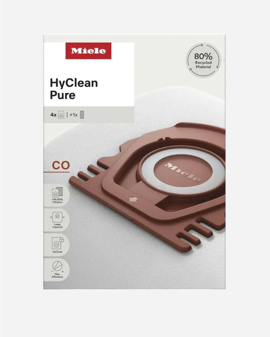 أكياس غبار Miele HyClean Pure CO للمكنسة الكهربائية لجميع طرازات Miele Guard M1، عبوة من 4 أكياس غبار وفلتر عادم AirClean واحد