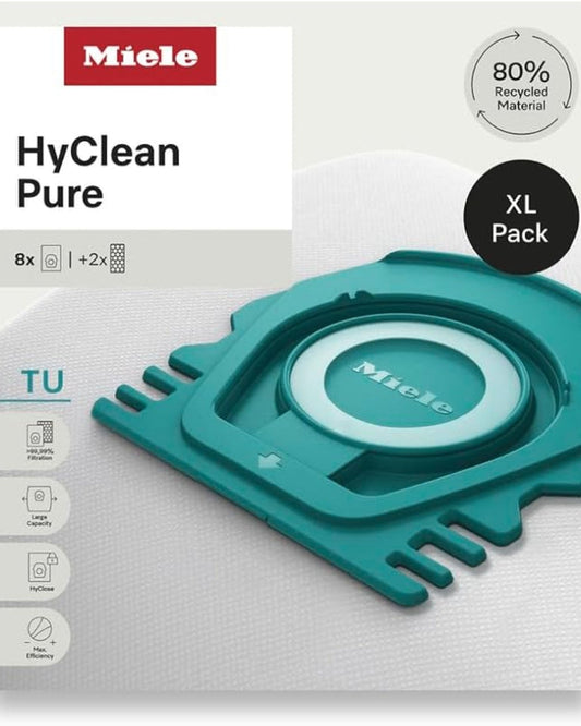 أكياس غبار Miele HyClean Pure TU للمكنسة الكهربائية لجميع طرازات Miele Guard L1 وGuard S1، عبوة XL مكونة من 8 أكياس غبار و2 فلتر عادم AirClean