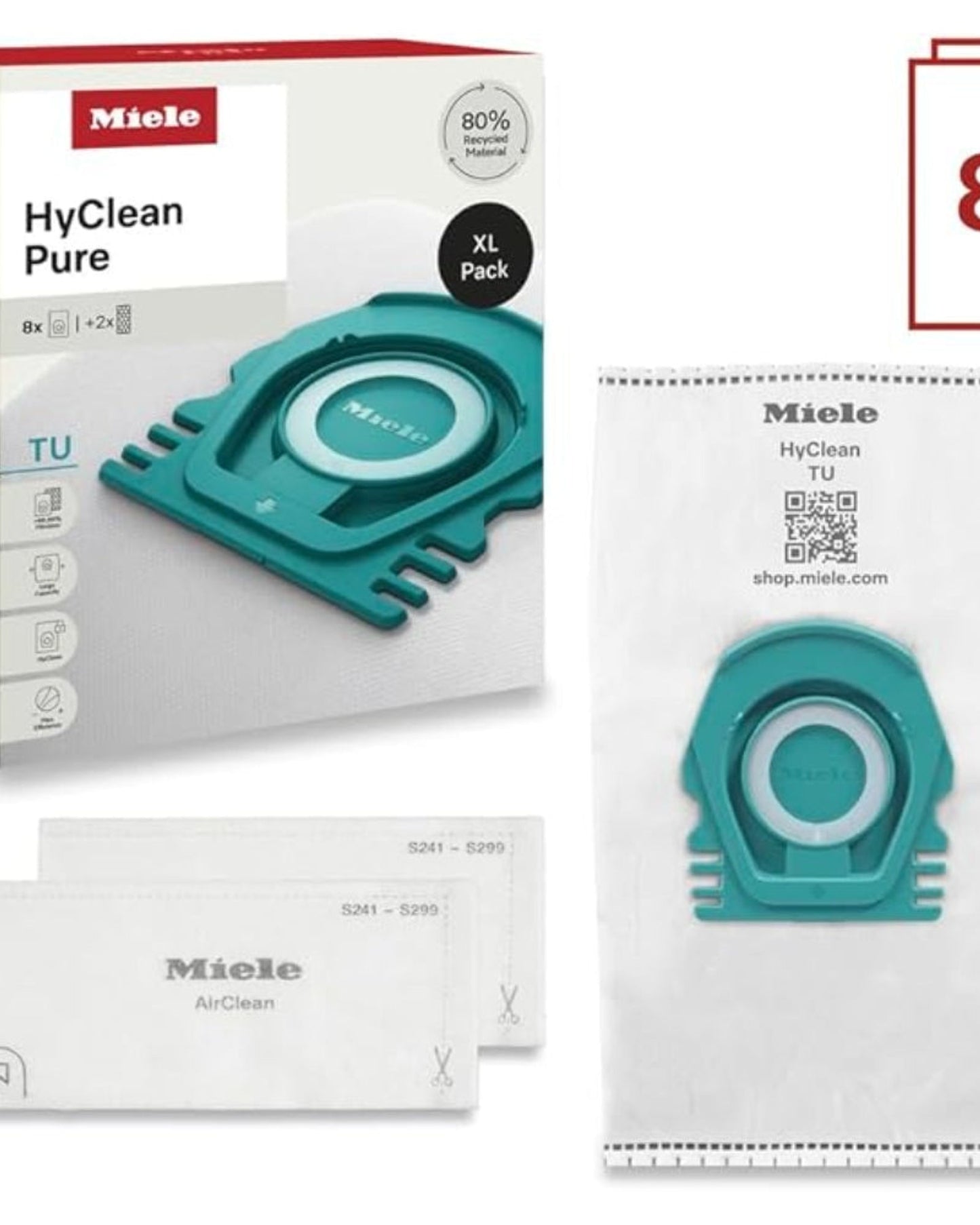 أكياس غبار Miele HyClean Pure TU للمكنسة الكهربائية لجميع طرازات Miele Guard L1 وGuard S1، عبوة XL مكونة من 8 أكياس غبار و2 فلتر عادم AirClean