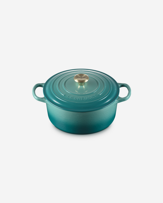 Le Creuset Bleu Riviera مقبض ذهبي وعاء كسرولة/فرن دائري مميز 22 سم 3.3 لتر