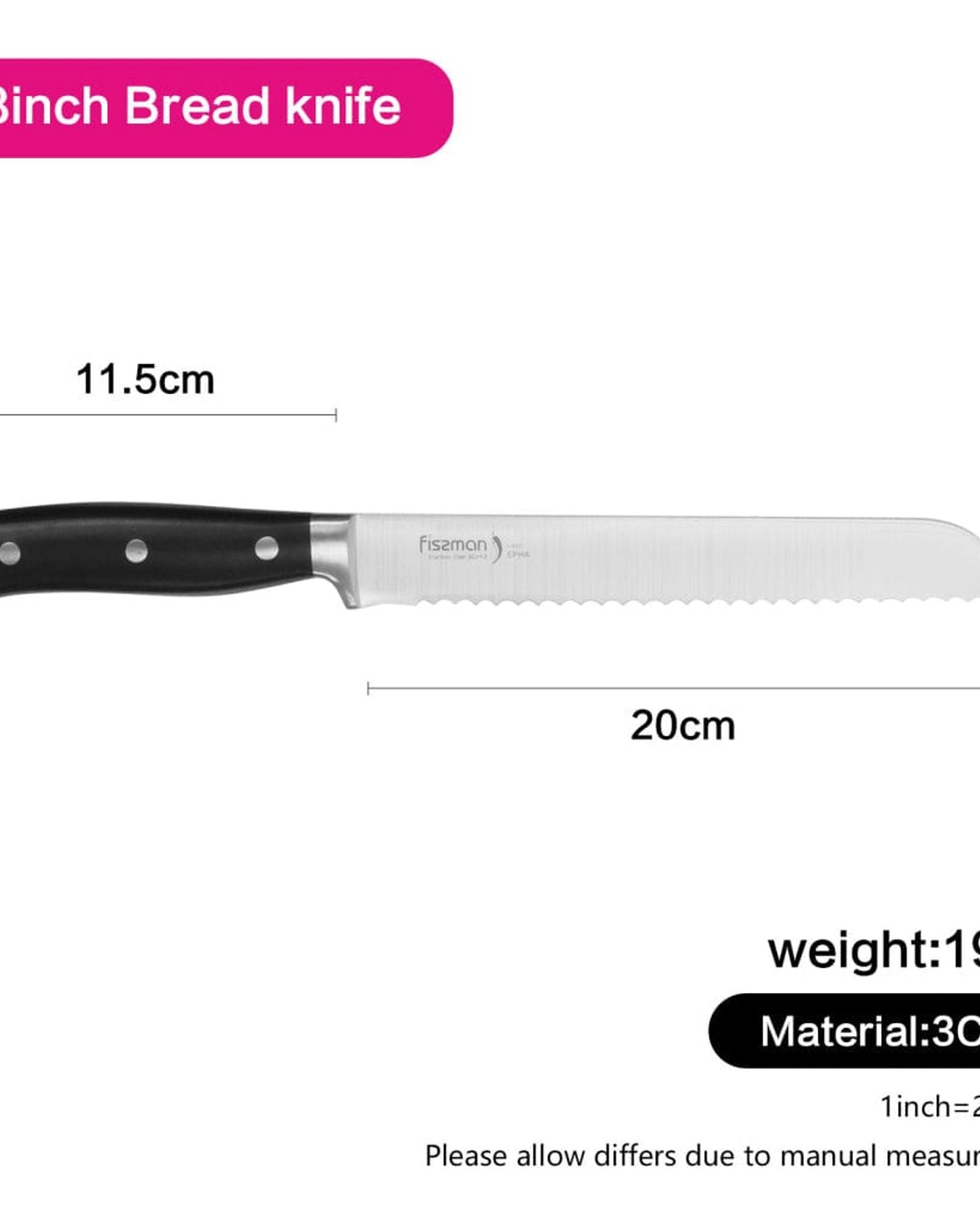 سكين خبز فيسمان من سلسلة إيفا، ستانلس ستيل، أسود/فضي، 20 سم