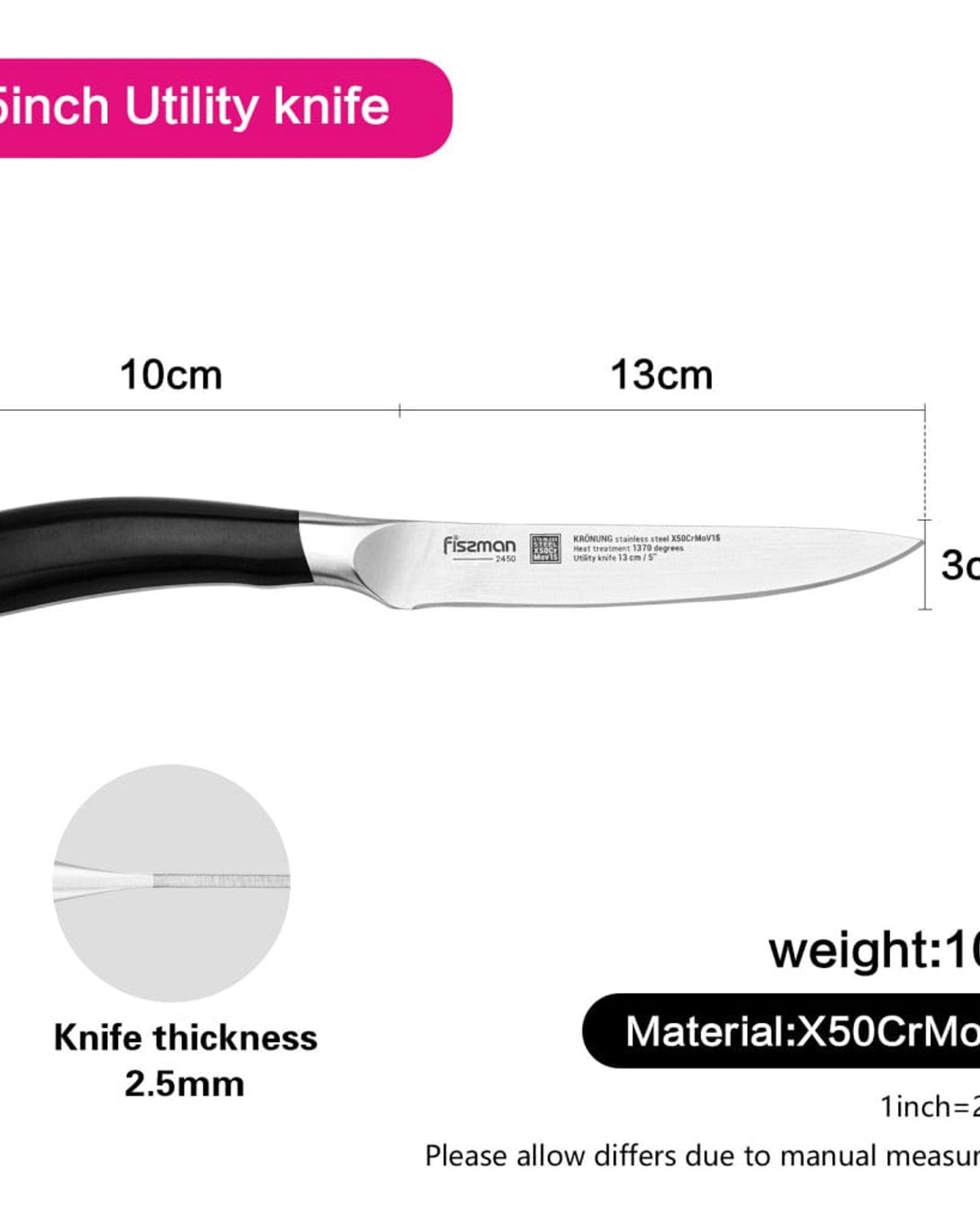 سكين فيسمان متعدد الاستخدامات من الفولاذ المقاوم للصدأ، سلسلة كرونونج، فضي/أسود، 5 بوصات