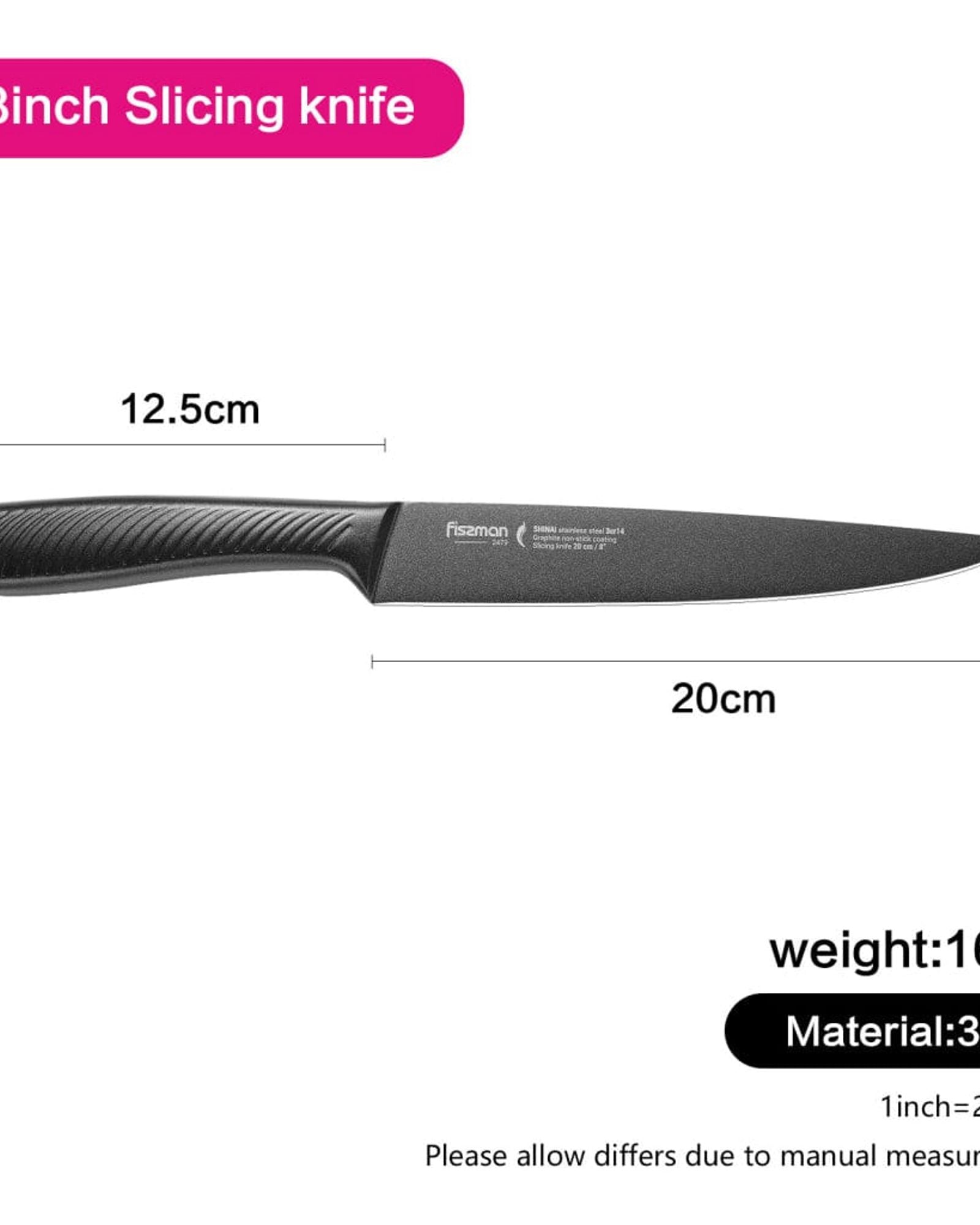 سكين تقطيع فيسمان 8 بوصة من الفولاذ المقاوم للصدأ مع طلاء غير لاصق أسود