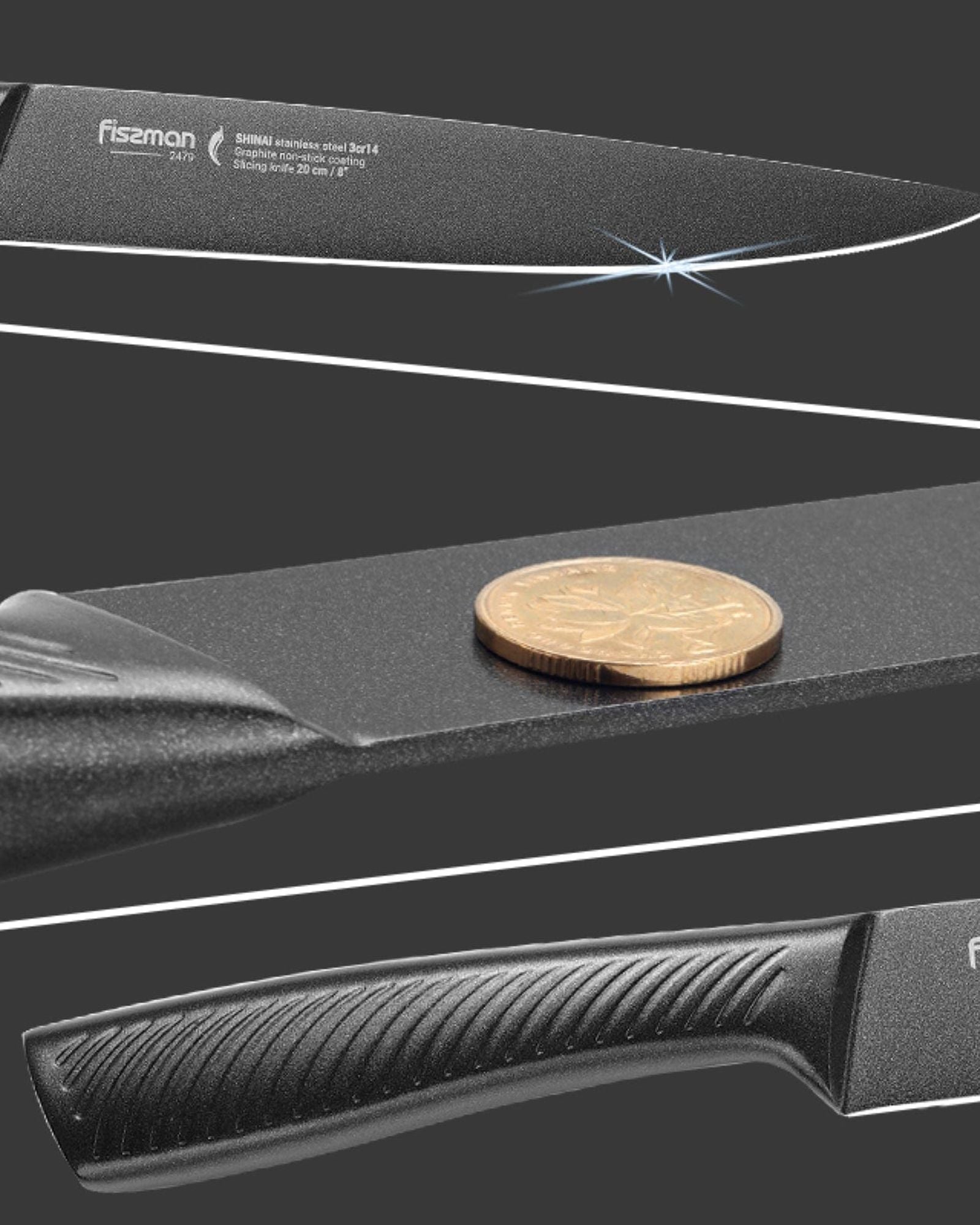 سكين تقطيع فيسمان 8 بوصة من الفولاذ المقاوم للصدأ مع طلاء غير لاصق أسود