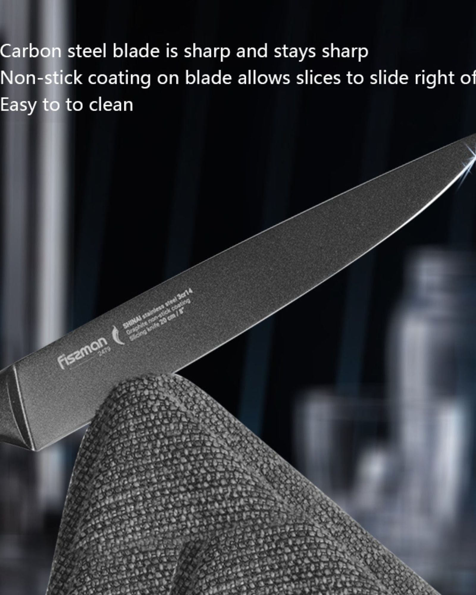 سكين تقطيع فيسمان 8 بوصة من الفولاذ المقاوم للصدأ مع طلاء غير لاصق أسود