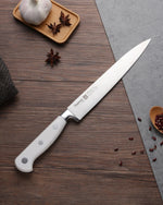 سكين تقطيع فيسمان 8 بوصة من الفولاذ المقاوم للصدأ مع طلاء غير لاصق أبيض/فضي