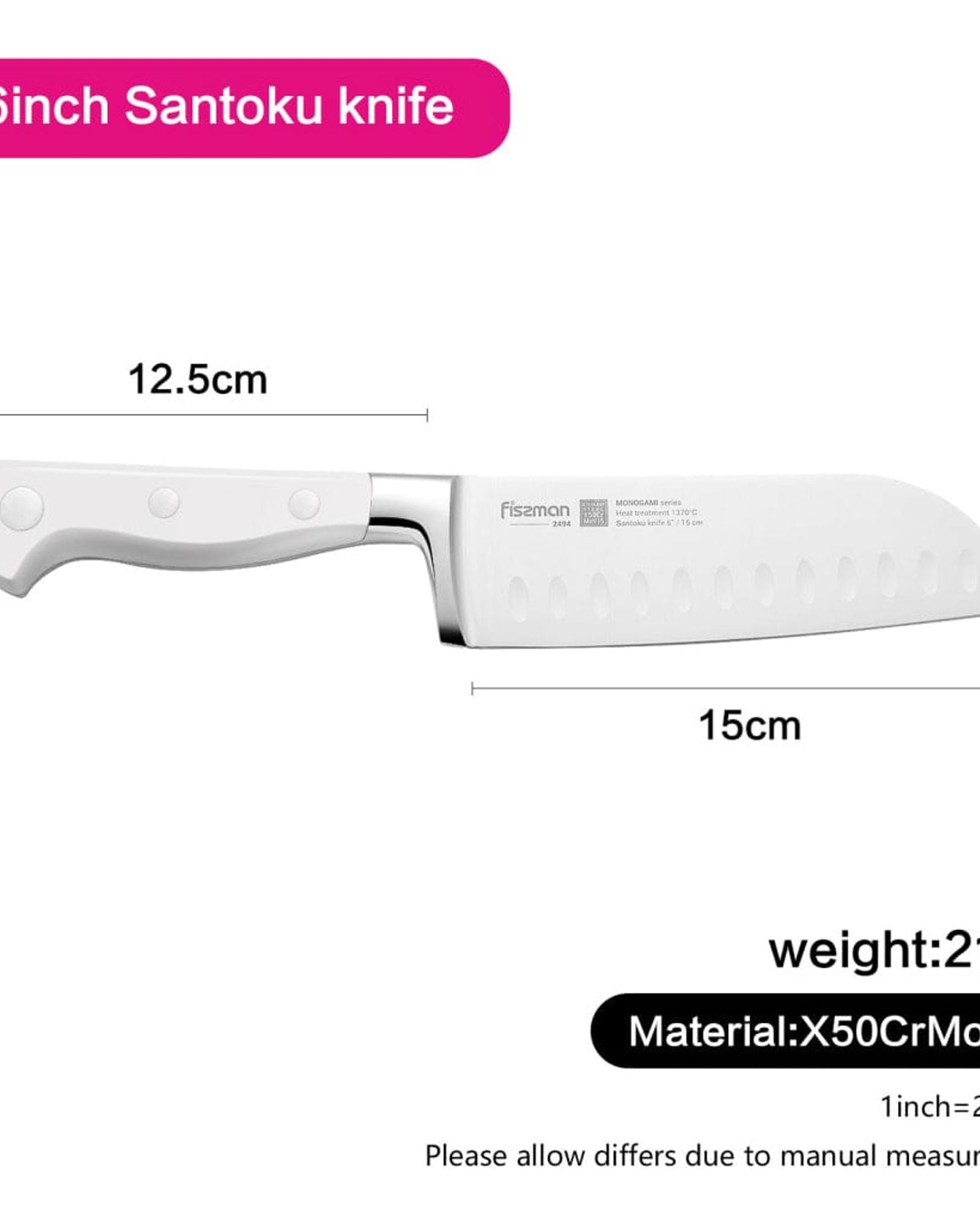 سكين سانتوكو من فيسمان، فضي/أبيض، 6 بوصات، سلسلة مونوجامي، جرافيت غير لاصق