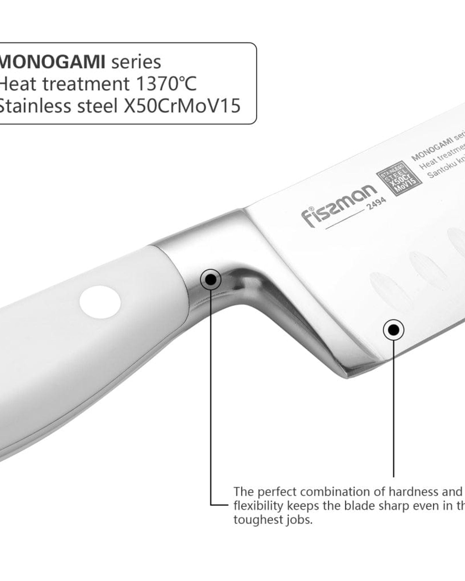 سكين سانتوكو من فيسمان، فضي/أبيض، 6 بوصات، سلسلة مونوجامي، جرافيت غير لاصق