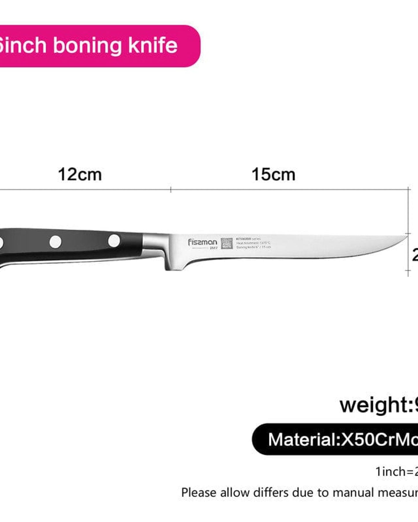 سكين فيسمان لتقطيع العظام، 6 بوصات، سلسلة كيتاكامي، غير لاصقة، أسود/فضي