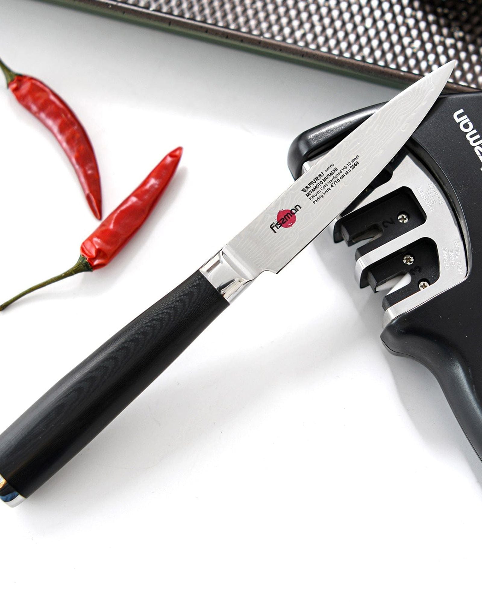 سكين تقشير فيسمان ساموراي موساشي، 4 بوصات، 10 سم (فولاذ دمشقي)