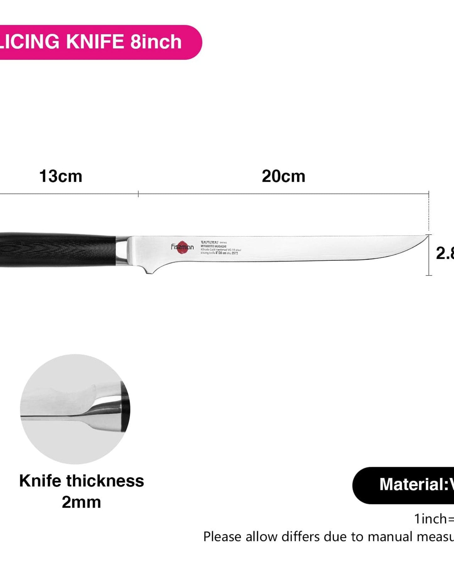 سكين تقطيع فيسمان ساموراي موساشي 8 بوصات 20 سم (فولاذ دمشقي)
