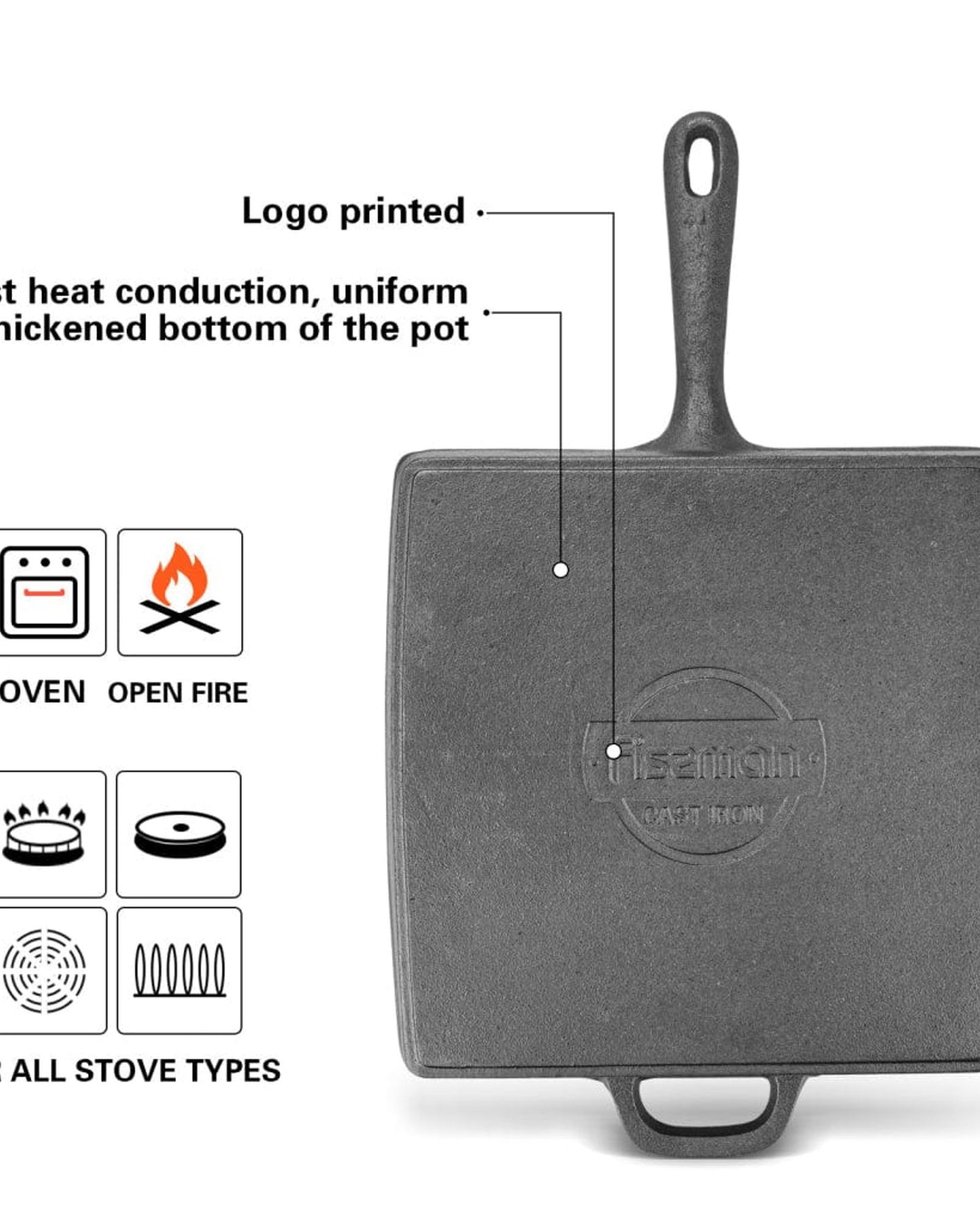 مقلاة فيسمان مربعة للشواء مقاس 28×4.7 سم مع مقبض مساعد (حديد زهر)