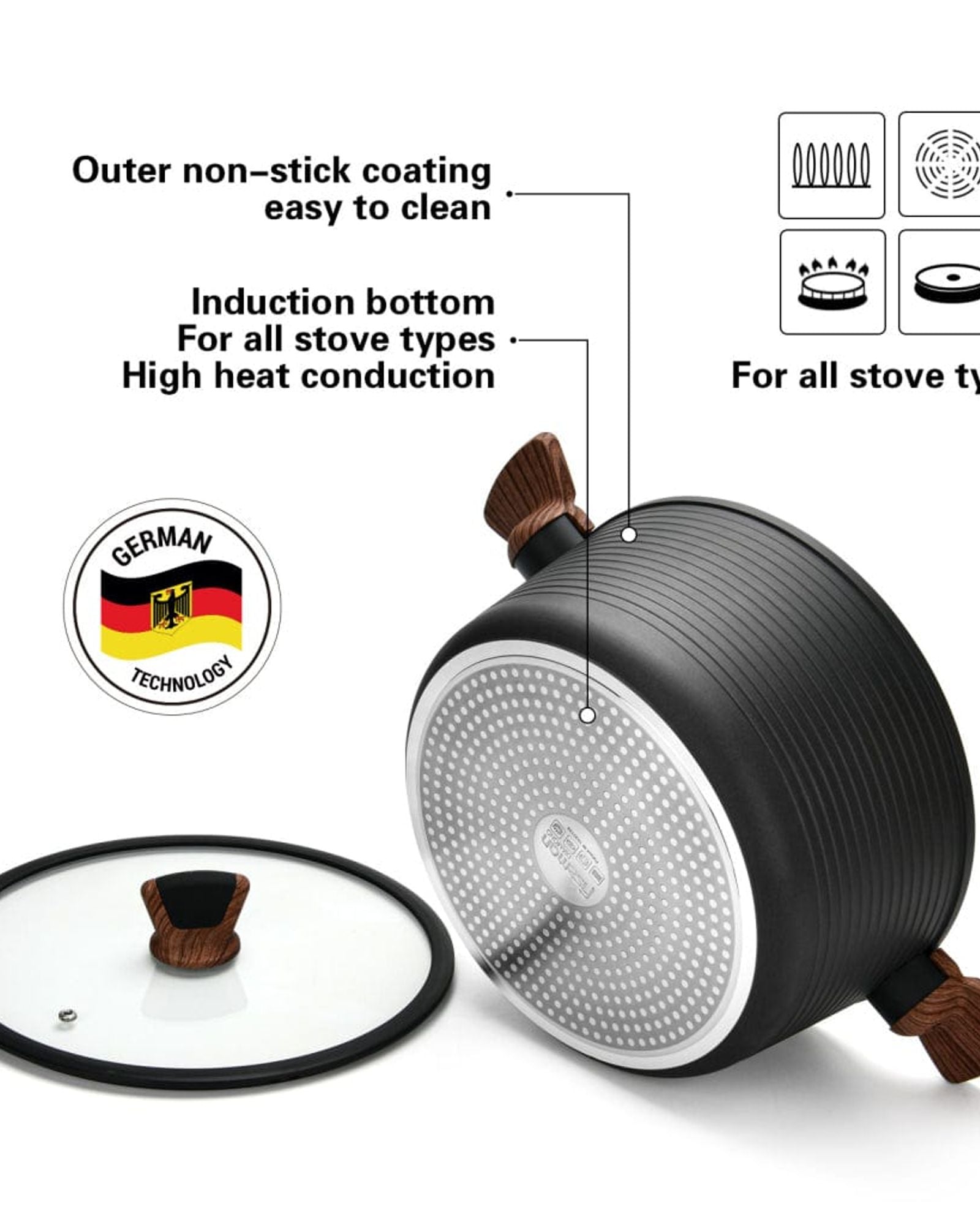 قدر فيسمان مع غطاء زجاجي من الألومنيوم مع طلاء غير لاصق، سلسلة دايموند، رمادي/شفاف، 24×12 سم