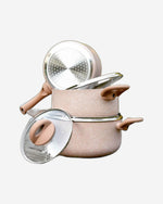 طقم أواني طهي فيسمان، 6 قطع، بغطاء زجاجي، وطبقة ألومنيوم غير لاصقة، وقاعدة حثية، وقدر لاتيه (سلسلة لاتيه)، 16×8 سم/1.5 لتر، طاجن (20×9 سم/2.8 لتر)، 24×11 سم، بيج (4.9 لتر).