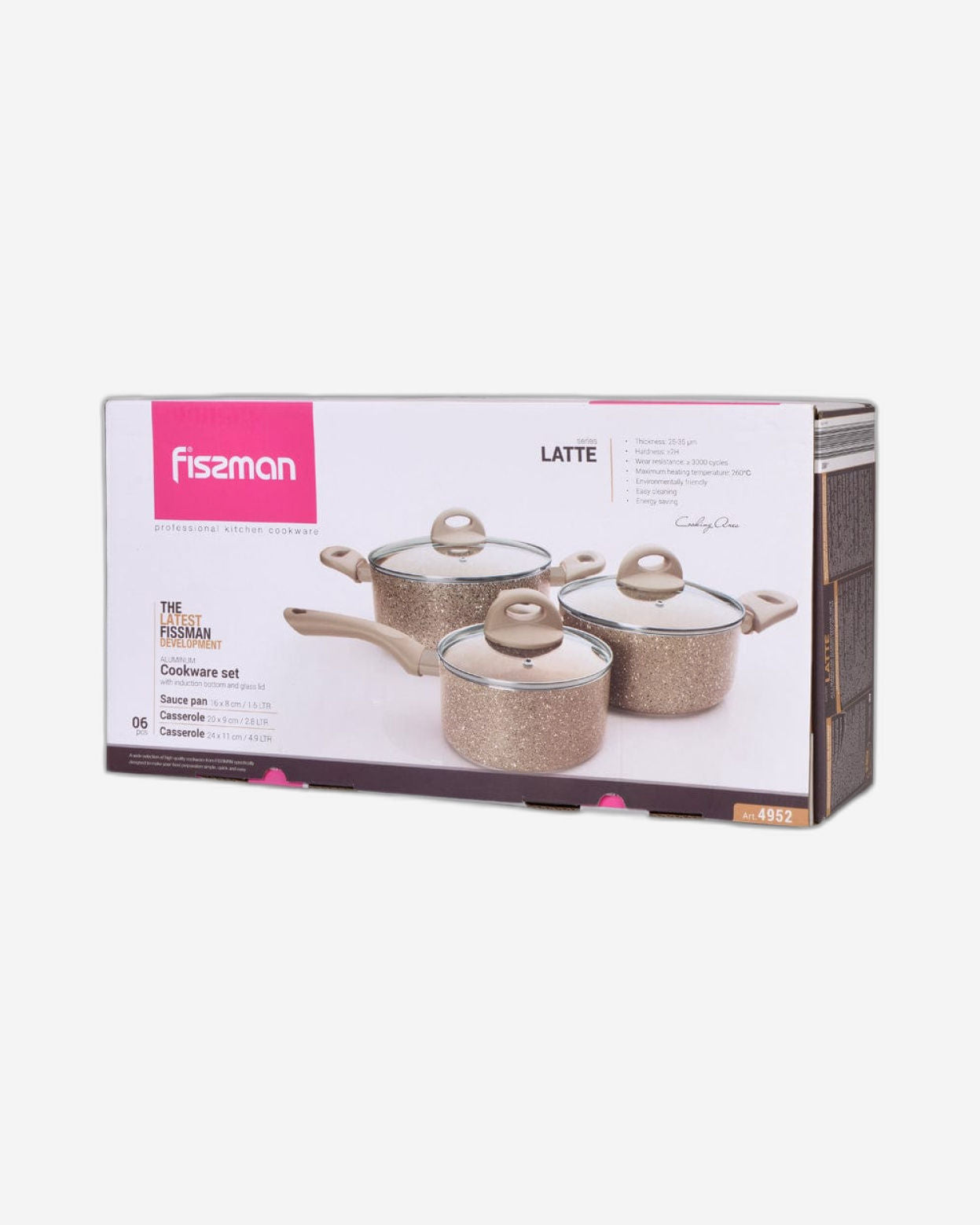 طقم أواني طهي فيسمان، 6 قطع، بغطاء زجاجي، وطبقة ألومنيوم غير لاصقة، وقاعدة حثية، وقدر لاتيه (سلسلة لاتيه)، 16×8 سم/1.5 لتر، طاجن (20×9 سم/2.8 لتر)، 24×11 سم، بيج (4.9 لتر).