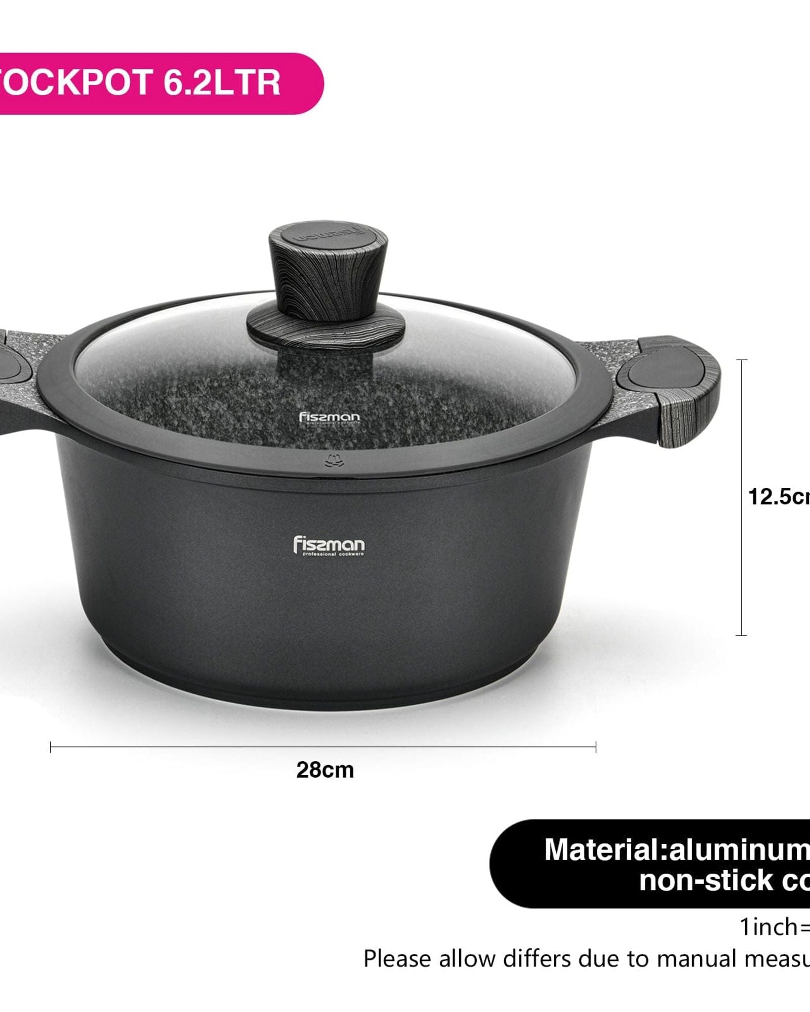 طاجن فيسمان ألومنيوم بريستيج سيريز غير لاصق مع غطاء، سعة 6.2 لتر، أسود/شفاف، 28×12.5 سم