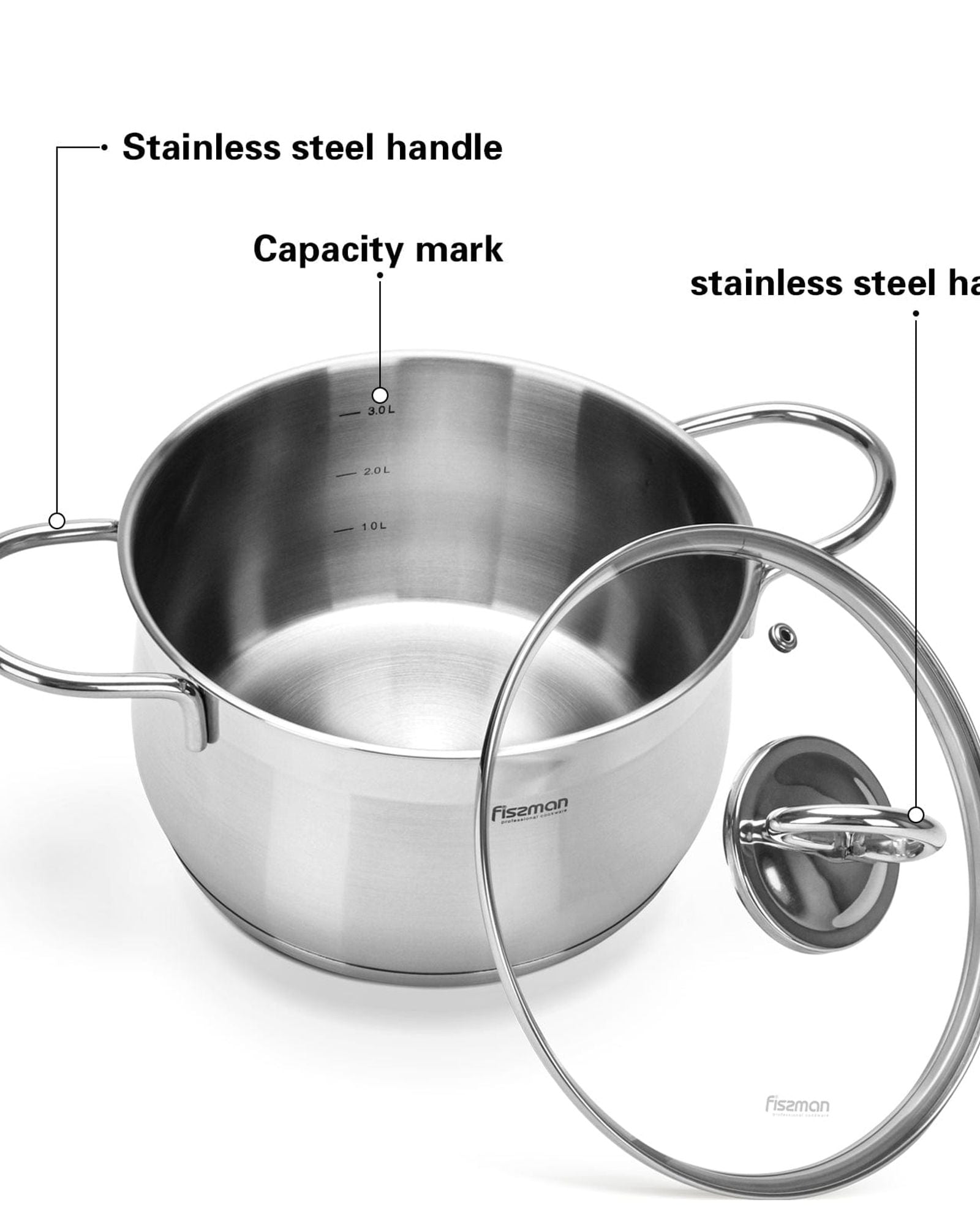 قدر فيسمان مونيكا سيريز 18/10 من الفولاذ المقاوم للصدأ 304 مع غطاء زجاجي شفاف فضي 20×10 سم/2.5 لتر