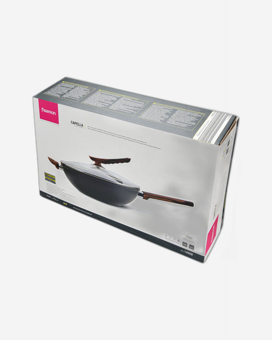 مقلاة ووك فيسمان مع غطاء زجاجي من سلسلة كابيلا، 28×8.5 سم/3.5 لتر، مصنوعة من الألومنيوم مع طلاء غير لاصق، كابيلا ومقبض لولبي مزدوج، لون أسود/بني