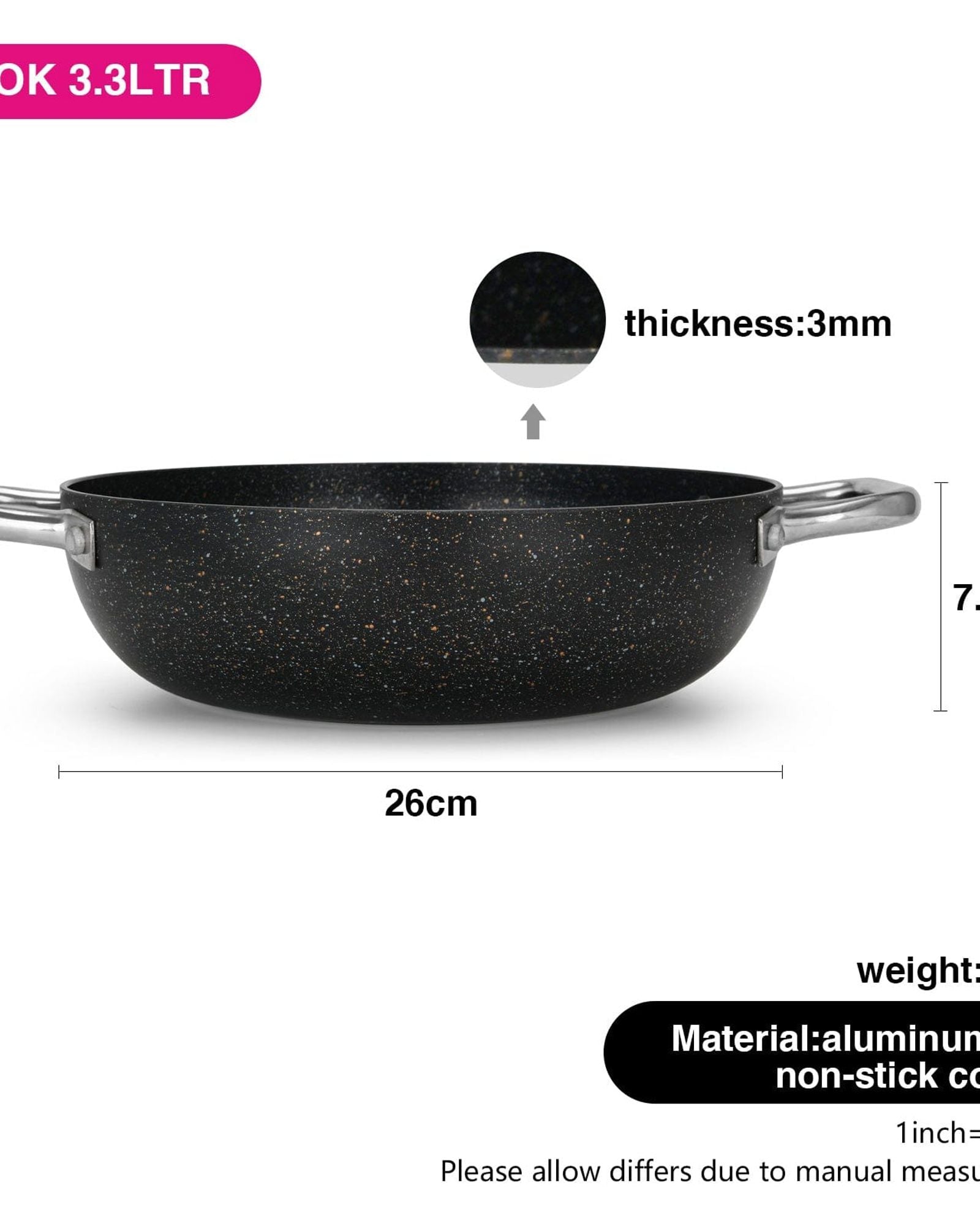 مقلاة ووك فيسمان برومو سيريز مع طلاء ألومنيوم غير لاصق 26×7.8 سم/3.3 لتر، لون أسود