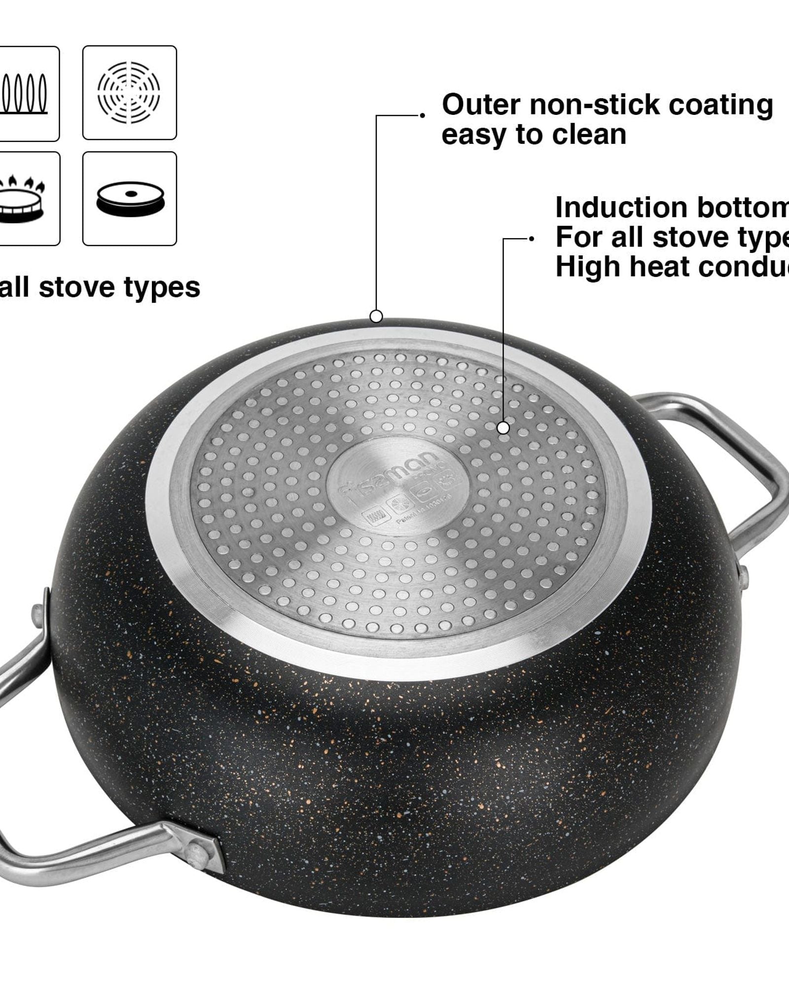 مقلاة ووك فيسمان برومو سيريز مع طلاء ألومنيوم غير لاصق 26×7.8 سم/3.3 لتر، لون أسود