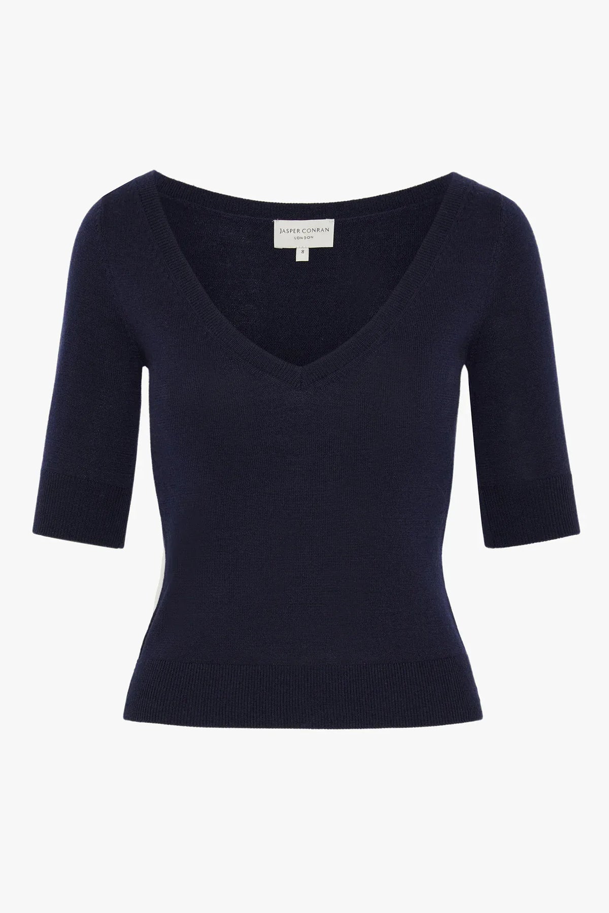 Hattie V Neck Knitted Jumper Merino Wool in Navy