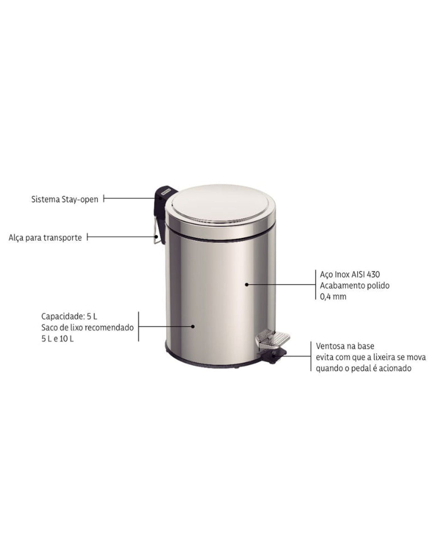سلة مهملات ترامونتينا البرازيلية المصنوعة من الفولاذ المقاوم للصدأ سعة 5 لترات، مزودة بدواسة وسطح مصقول ودلو داخلي.