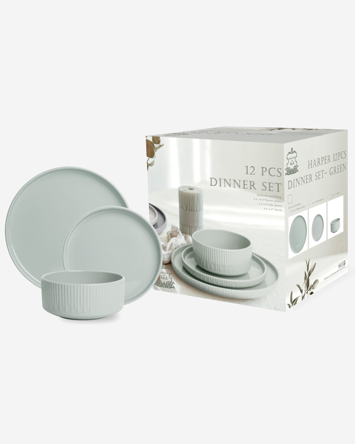 Shallow Harper Stoneware 12-Piece Dinner Set, Green, 4 Dinner Plates 10.5", 4 Side Plates 7.5" & 4 Deep Bowls 5.5"