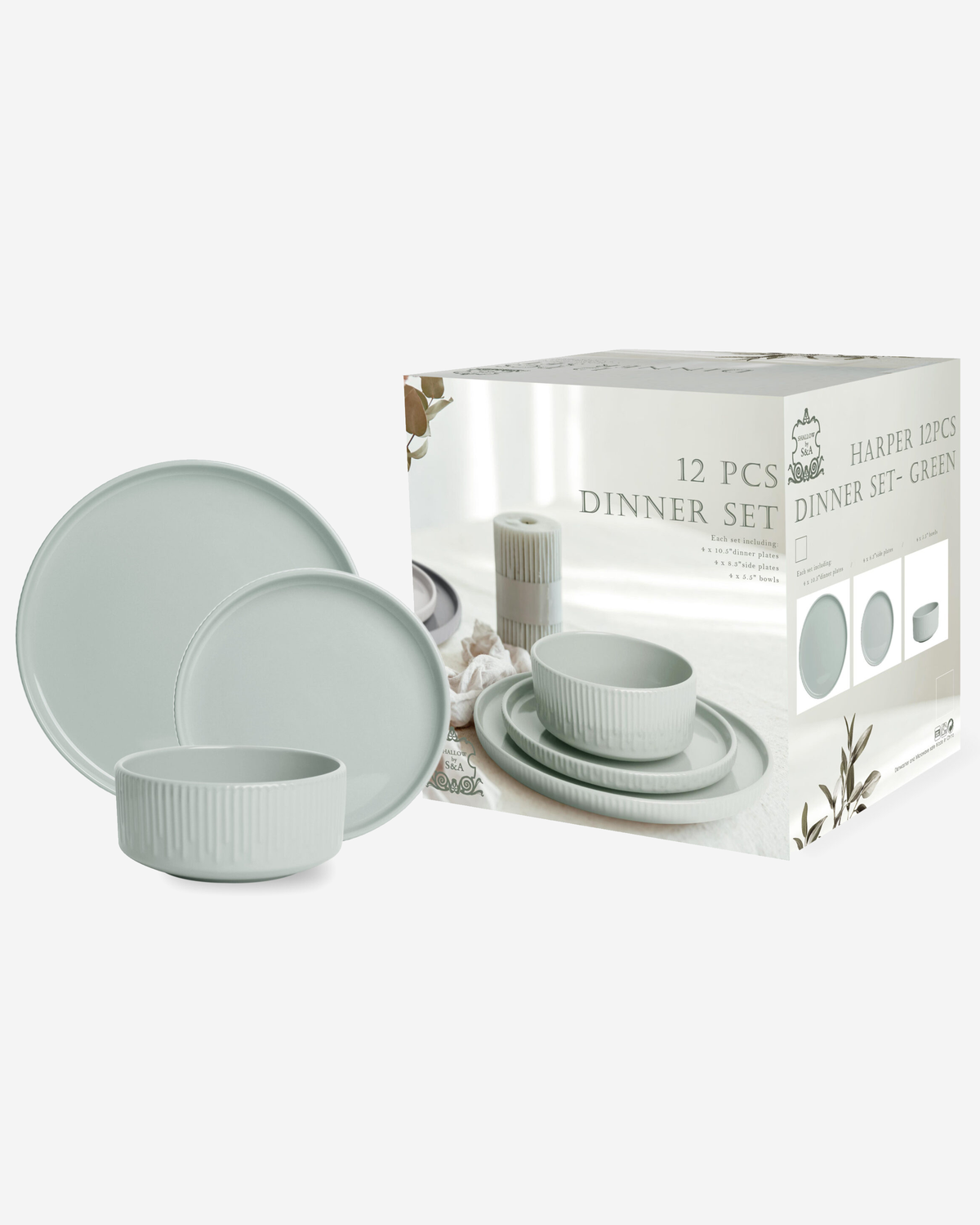 Shallow Harper Stoneware 12-Piece Dinner Set, Green, 4 Dinner Plates 10.5", 4 Side Plates 7.5" & 4 Deep Bowls 5.5"