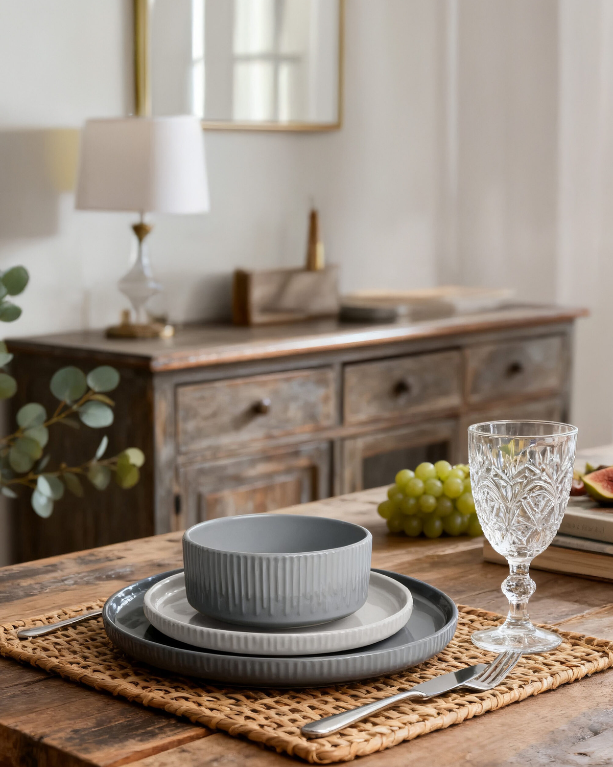 Shallow Harper Stoneware 12-Piece Dinner Set, Grey, 4 Dinner Plates 10.5", 4 Side Plates 7.5" & 4 Deep Bowls 5.5"