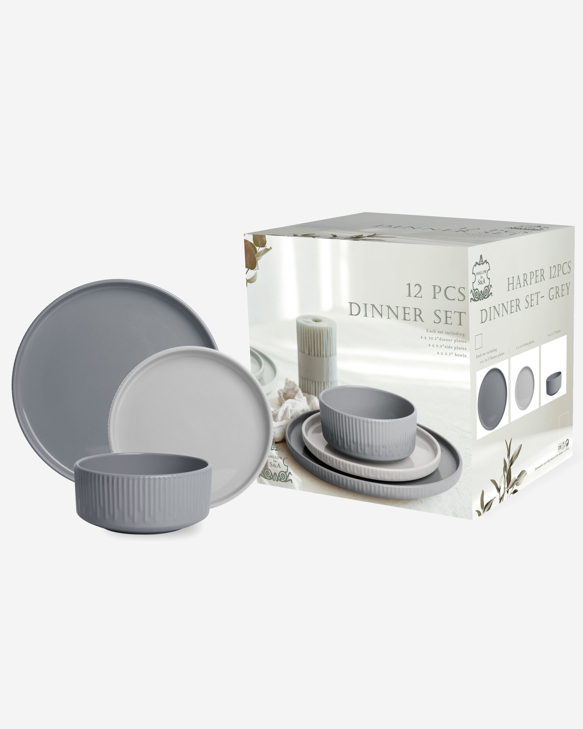 Shallow Harper Stoneware 12-Piece Dinner Set, Grey, 4 Dinner Plates 10.5", 4 Side Plates 7.5" & 4 Deep Bowls 5.5"