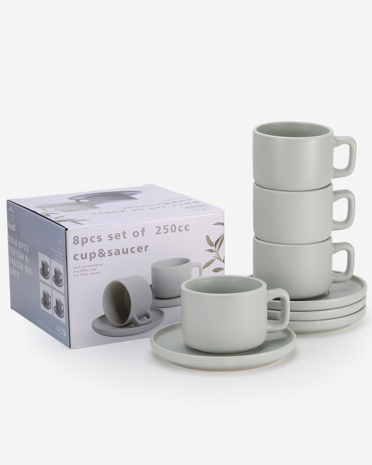Shallow Oslo Stoneware Tea Cup & Saucer Set, 8-Piece, 250ml, Green, Nordic Style, 4 Cups & 4 Matching Saucers