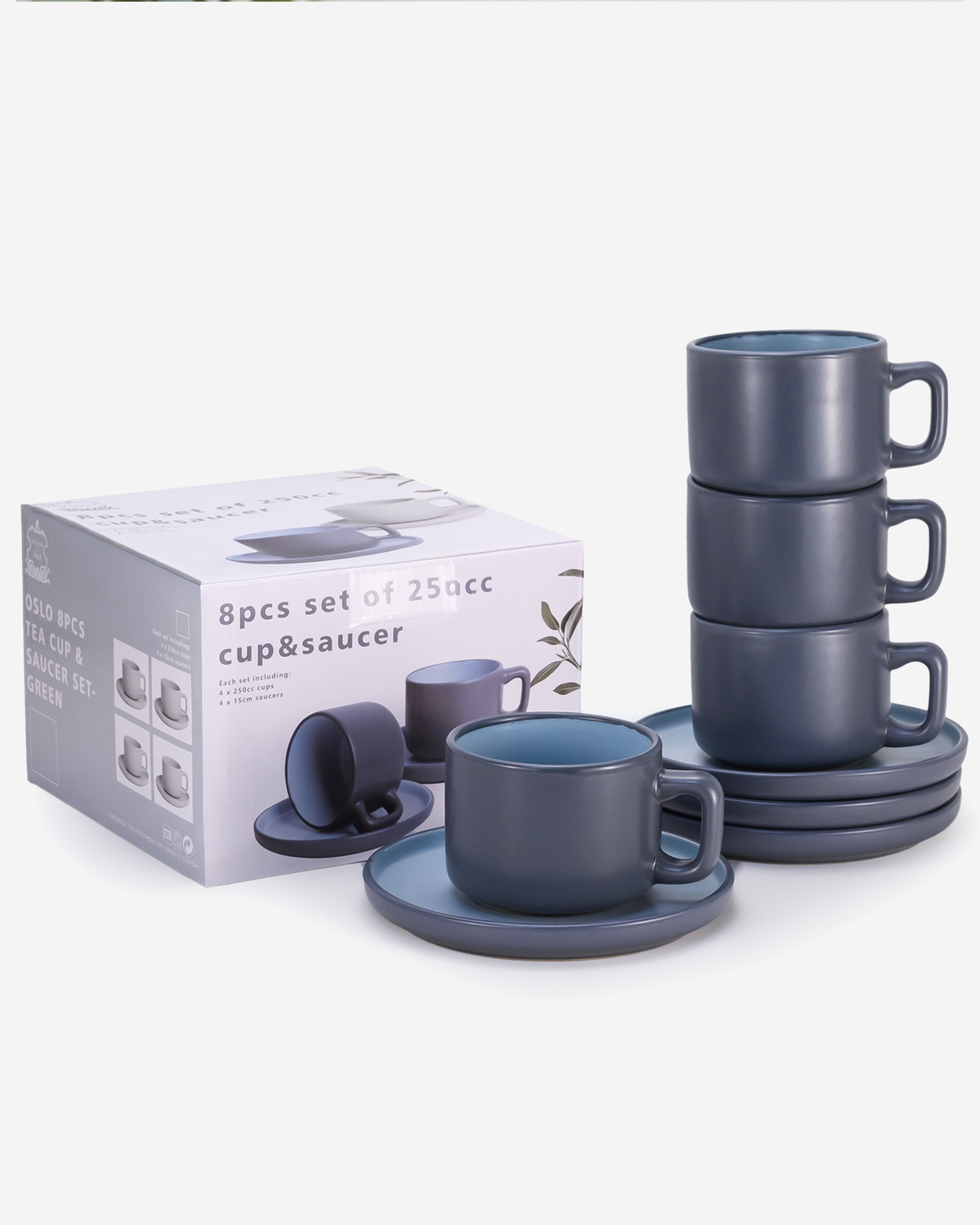 Shallow Oslo Stoneware Tea Cup & Saucer Set, 8-Piece, 250ml, Grey, Nordic Style, 4 Cups & 4 Matching Saucers