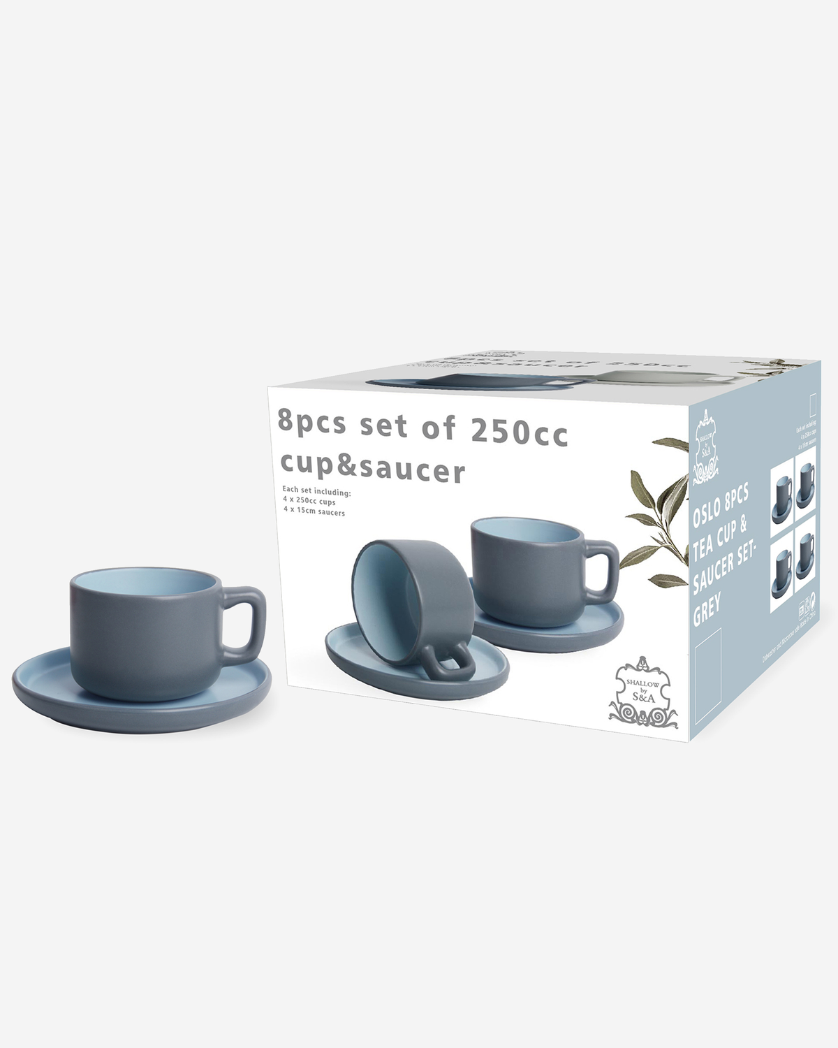 Shallow Oslo Stoneware Tea Cup & Saucer Set, 8-Piece, 250ml, Grey, Nordic Style, 4 Cups & 4 Matching Saucers