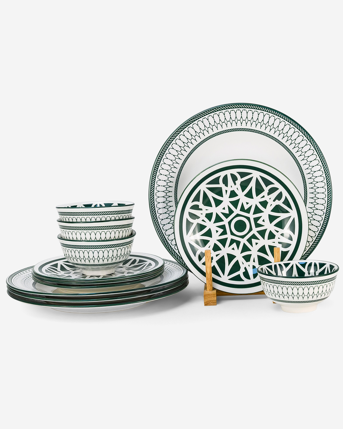 Shallow Amalfi Porcelain 12-Piece Dinner Set, Green, 4 Dinner Plates 10.5", 4 Side Plates 7.5" & 4 Small Bowls 4.5"